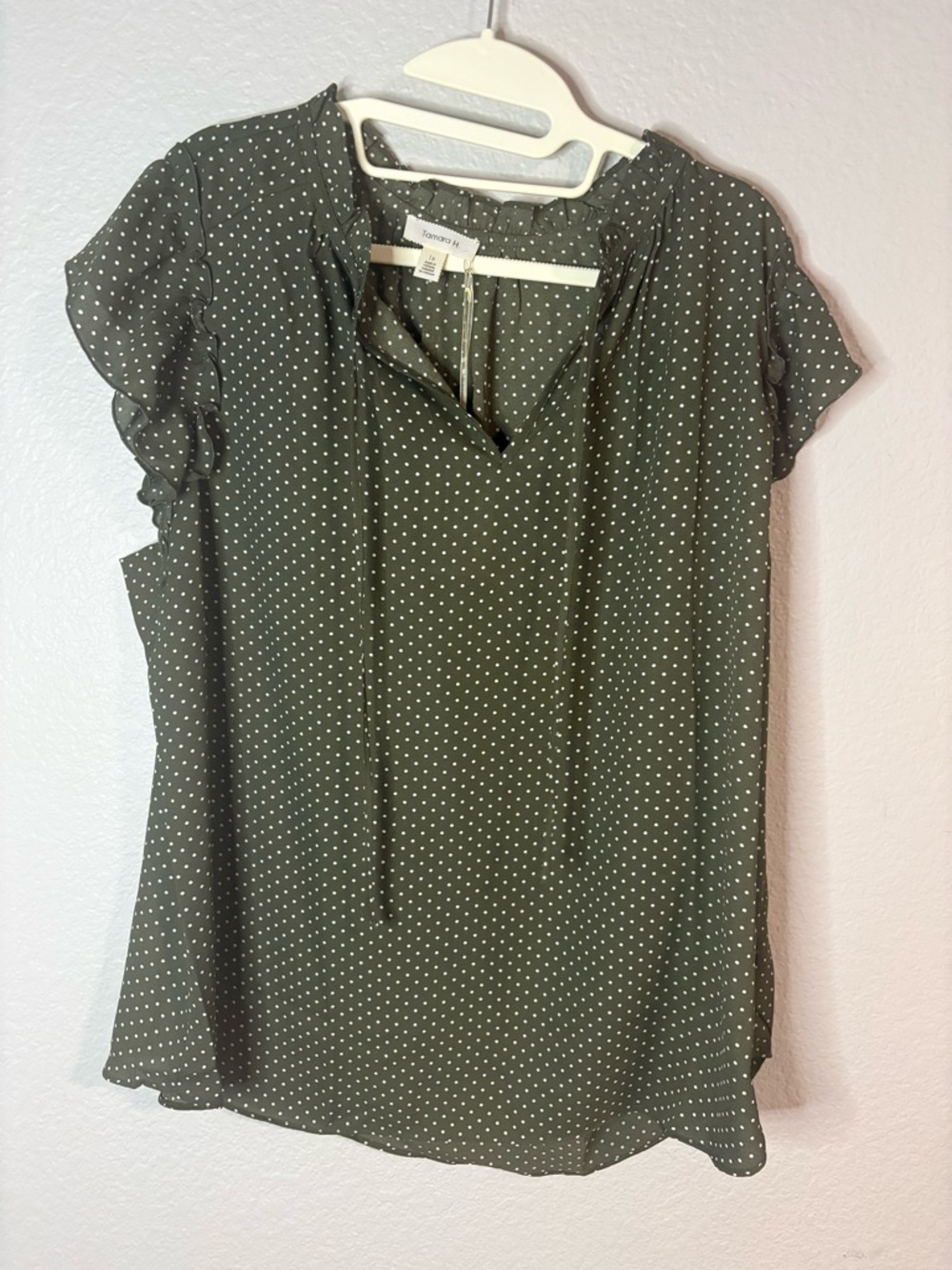 Polka Dot Olive Tie-Neck Flutter Sleeve Blouse
